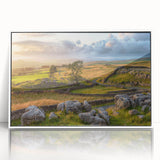 Framed acrylic wall art showcasing a serene countryside landscape with vibrant greens and blues, designed to enhance home décor and create a calming atmosphere.