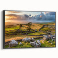 Framed canvas wall art showcasing a serene countryside landscape design, featuring lush green fields and a clear blue sky, presented in an elegant black frame. This piece adds a touch of nature-inspired decor to any room.
