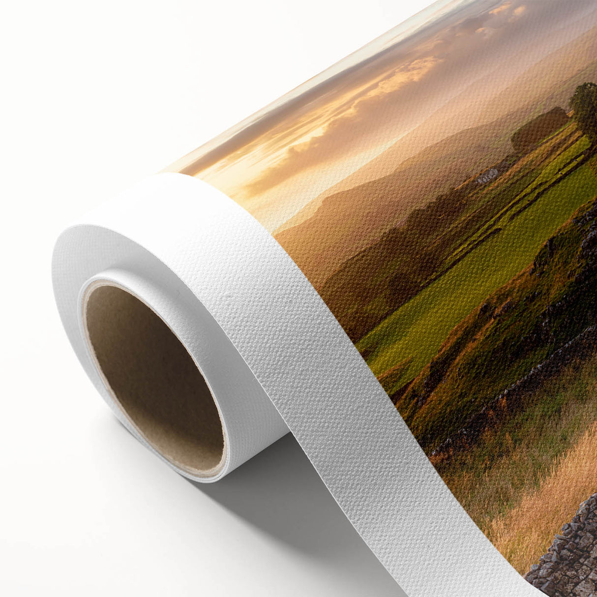 Rolled canvas wall art showcasing a serene countryside landscape design, featuring vibrant green fields and a clear blue sky, perfect for rustic home decor.