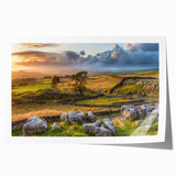 Scenic countryside landscape wall art print showcasing lush green fields, vibrant blue skies, and distant hills, perfect for home decor and interior design.