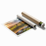 Scenic countryside landscape wall art showcasing rolling hills, vibrant greenery, and a tranquil sky, rolled and ready for display in a protective tube.