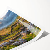 Serene countryside landscape wall art print showcasing vibrant green fields, rolling hills, and a clear blue sky, perfect for home decor and nature lovers.