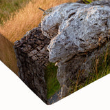 Close-up of a stretched canvas wall art piece showcasing a vibrant countryside landscape, featuring lush greenery, rolling hills, and a serene sky, perfect for home decor.