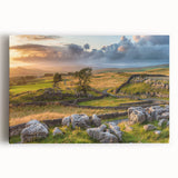 Stretched canvas art showcasing a serene countryside landscape with vivid green fields and a blue sky, perfect for home decor and nature lovers.