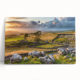Stretched canvas wall art showcasing a serene countryside landscape design, featuring rolling hills and a vibrant sunset, perfect for home decor.