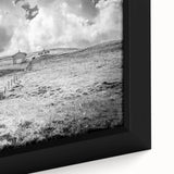 Framed canvas close-up showcasing a vibrant countryside landscape design, featuring rich greens and blues, ideal for home decor and wall art collections.