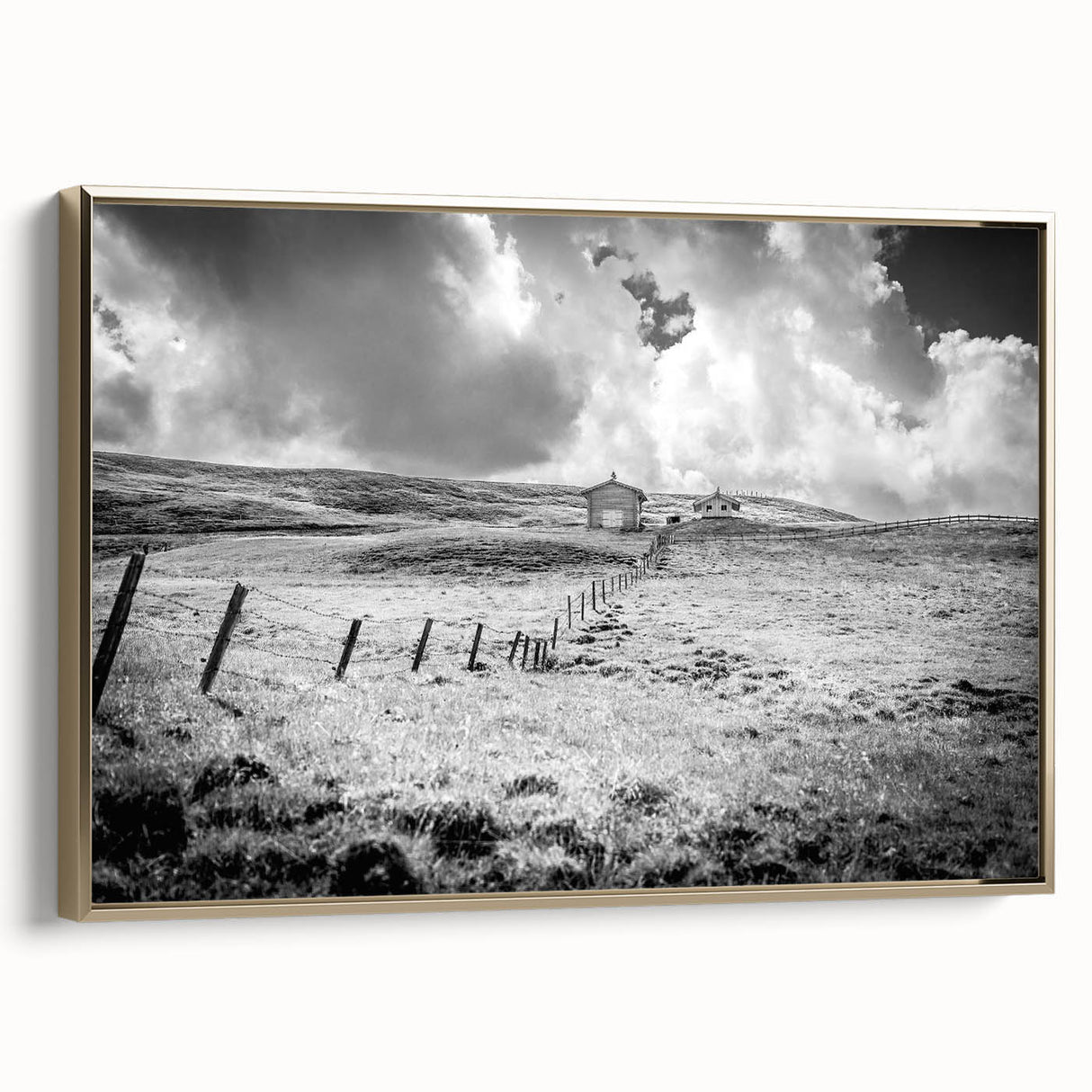 Framed canvas wall art showcasing a serene countryside landscape with vibrant colors, set in a gold frame, perfect for home decor and enhancing interiors.