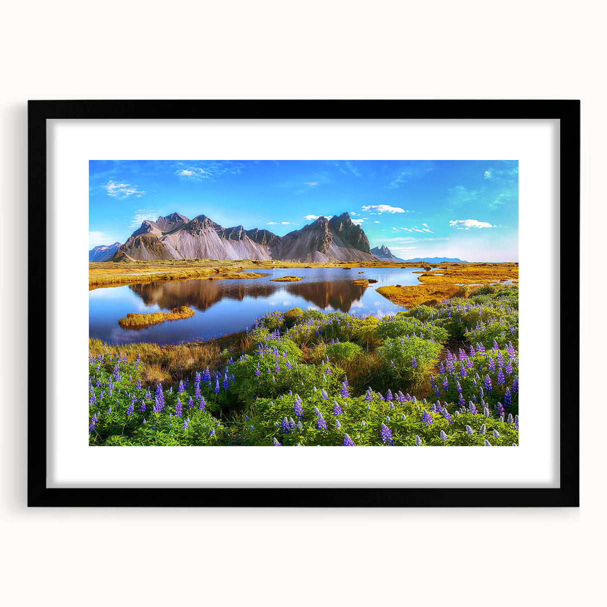 Framed wall art collection showcasing serene countryside landscapes with a black frame and matting, ideal for home decor and nature enthusiasts.