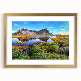 Framed wall art collection showcasing a serene countryside landscape with vibrant greens and soft blues, elegantly presented with a gold mat and frame.