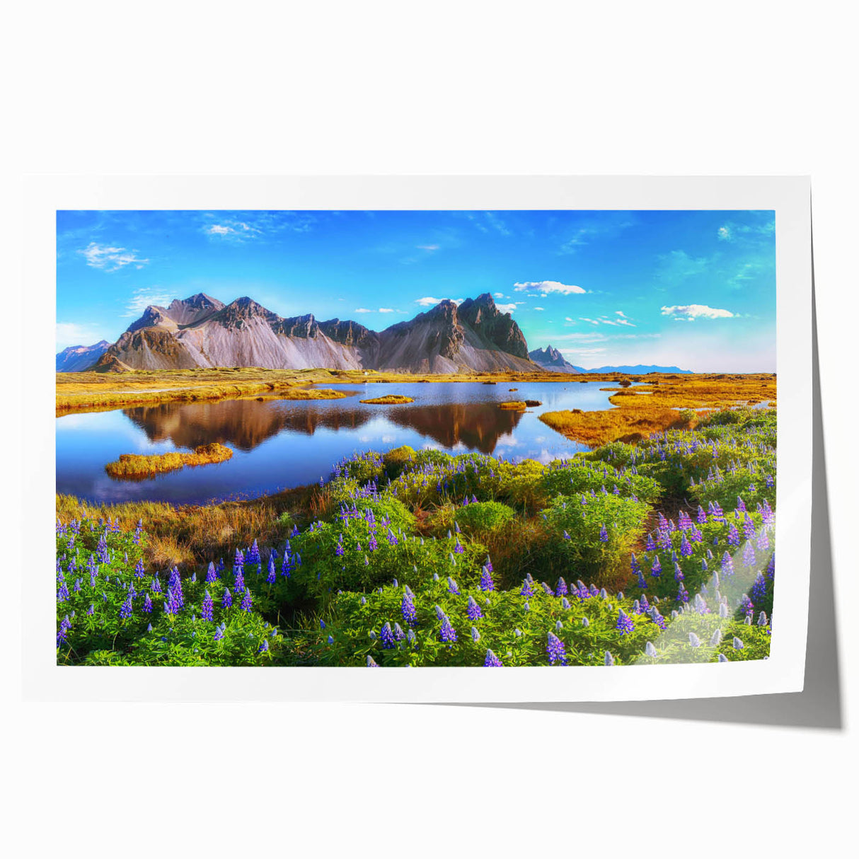 Vibrant countryside landscape wall art design featuring rolling green hills, a clear blue sky, and a tranquil river, perfect for home decor and relaxation.