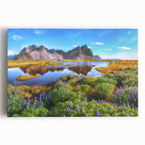 Stretched canvas wall art showcasing a serene countryside landscape in vibrant greens and blues, perfect for enhancing home decor with a touch of nature.