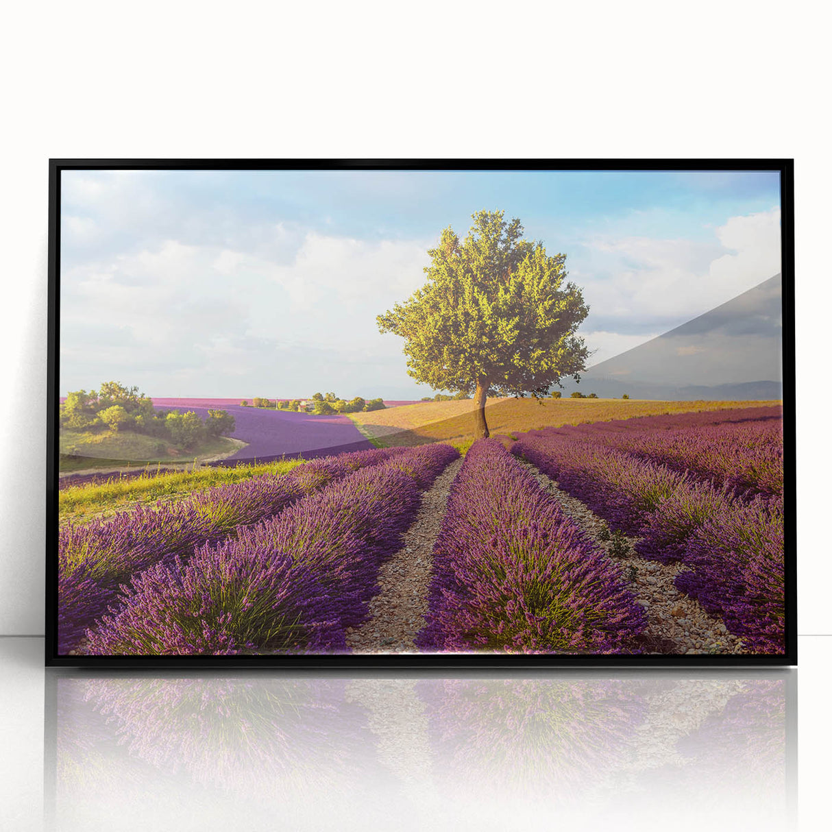 Framed acrylic wall art showcasing a serene countryside landscape with vibrant greenery and rolling hills, set in a sleek black frame for modern decor.