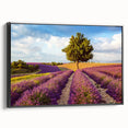 Framed canvas wall art showcasing a serene countryside landscape design with vibrant colors and a black frame, perfect for home decor.