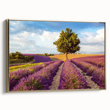Framed canvas wall art depicting a serene countryside landscape with lush green fields and a golden sunset, ideal for enhancing home decor with natural beauty.