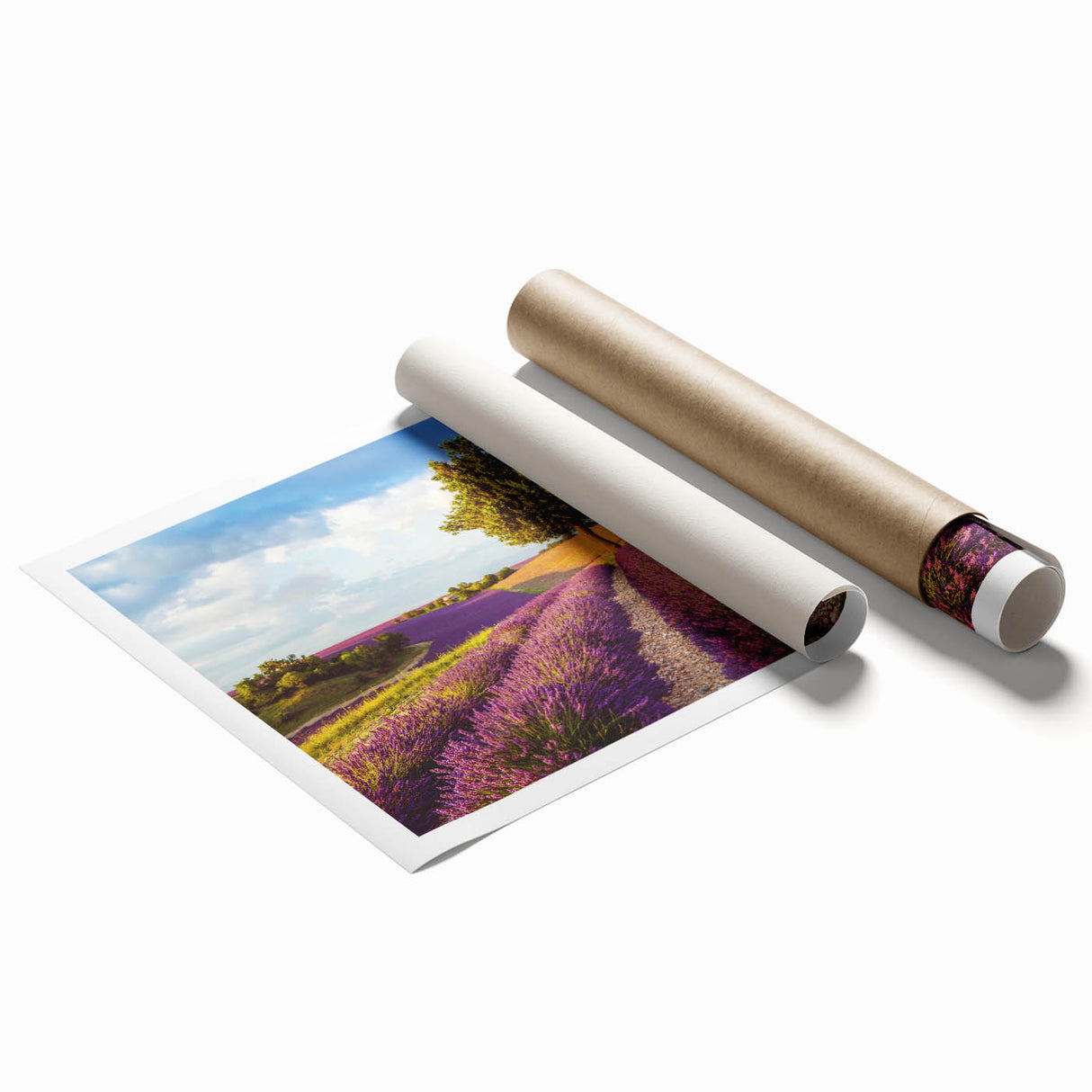 Serene countryside landscape wall art print showcasing rolling hills, vibrant green fields, and a clear blue sky, rolled and ready for framing or display.