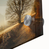 Close-up of a vibrant acrylic glass wall art piece showcasing a picturesque countryside landscape, featuring lush green fields and rolling hills, perfect for home decor.