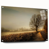 Acrylic wall art collection showcasing a serene countryside landscape design, featuring vibrant colors and intricate details, displayed in a side view with decorative pins.