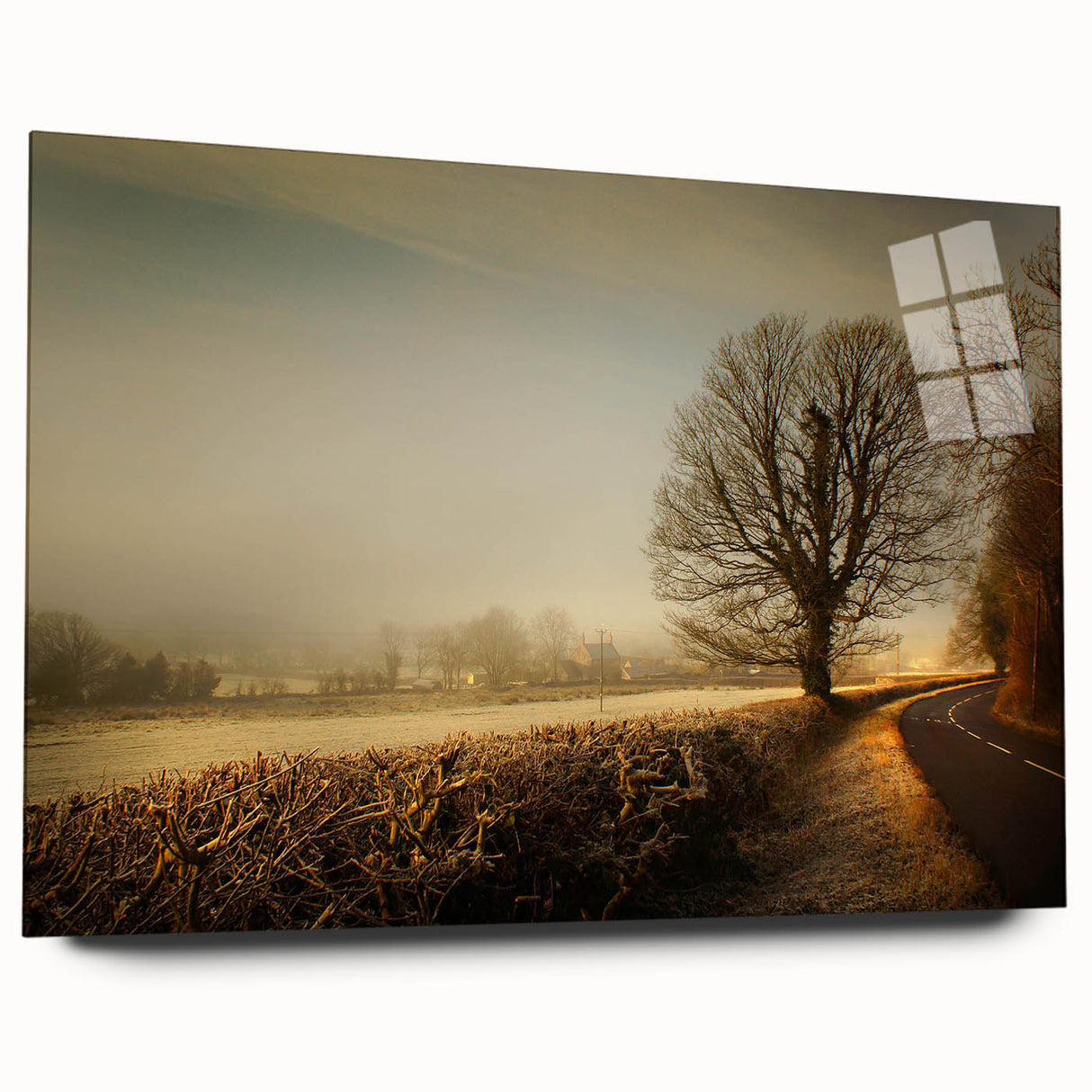 Acrylic-glass wall art collection showcasing a serene countryside landscape design, featuring vibrant greens and blues, displayed elegantly from a side view. Ideal for enhancing home decor.