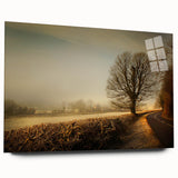 Acrylic-glass wall art collection showcasing a serene countryside landscape design, featuring vibrant greens and blues, displayed elegantly from a side view. Ideal for enhancing home decor.
