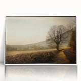 Framed acrylic wall art featuring a serene countryside landscape design with lush greenery, soft hills, and a tranquil sky, perfect for home decor.