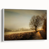 Framed canvas wall art showcasing a serene countryside landscape with rolling hills and vibrant green fields, designed to enhance home decor with a nature-inspired aesthetic.