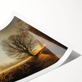 Vibrant landscape wall art print showcasing a serene countryside scene with rolling hills and a sunset, rolled up for easy transport and display.