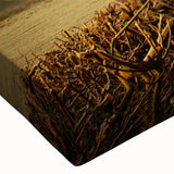 Close-up of a stretched canvas wall art featuring a serene countryside landscape design, showcasing vibrant greens and blues, perfect for home decor.