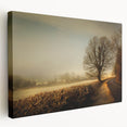 Stretched canvas wall art showcasing a serene countryside landscape, featuring vibrant greens and calming blues, perfect for home decor or office aesthetics.