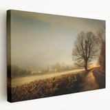Stretched canvas wall art showcasing a serene countryside landscape, featuring vibrant greens and calming blues, perfect for home decor or office aesthetics.