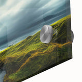 Close-up of a vibrant acrylic glass wall art piece showcasing a serene countryside landscape, featuring lush green fields and a clear blue sky, ideal for home decor.