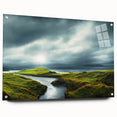 Acrylic glass wall art collection showcasing a serene countryside landscape design, side view with visible pins, ideal for home decor enthusiasts seeking nature-inspired aesthetics.