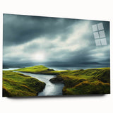 Acrylic glass wall art collection showcasing a vibrant countryside landscape design, featuring lush green fields and rolling hills, ideal for home decor.