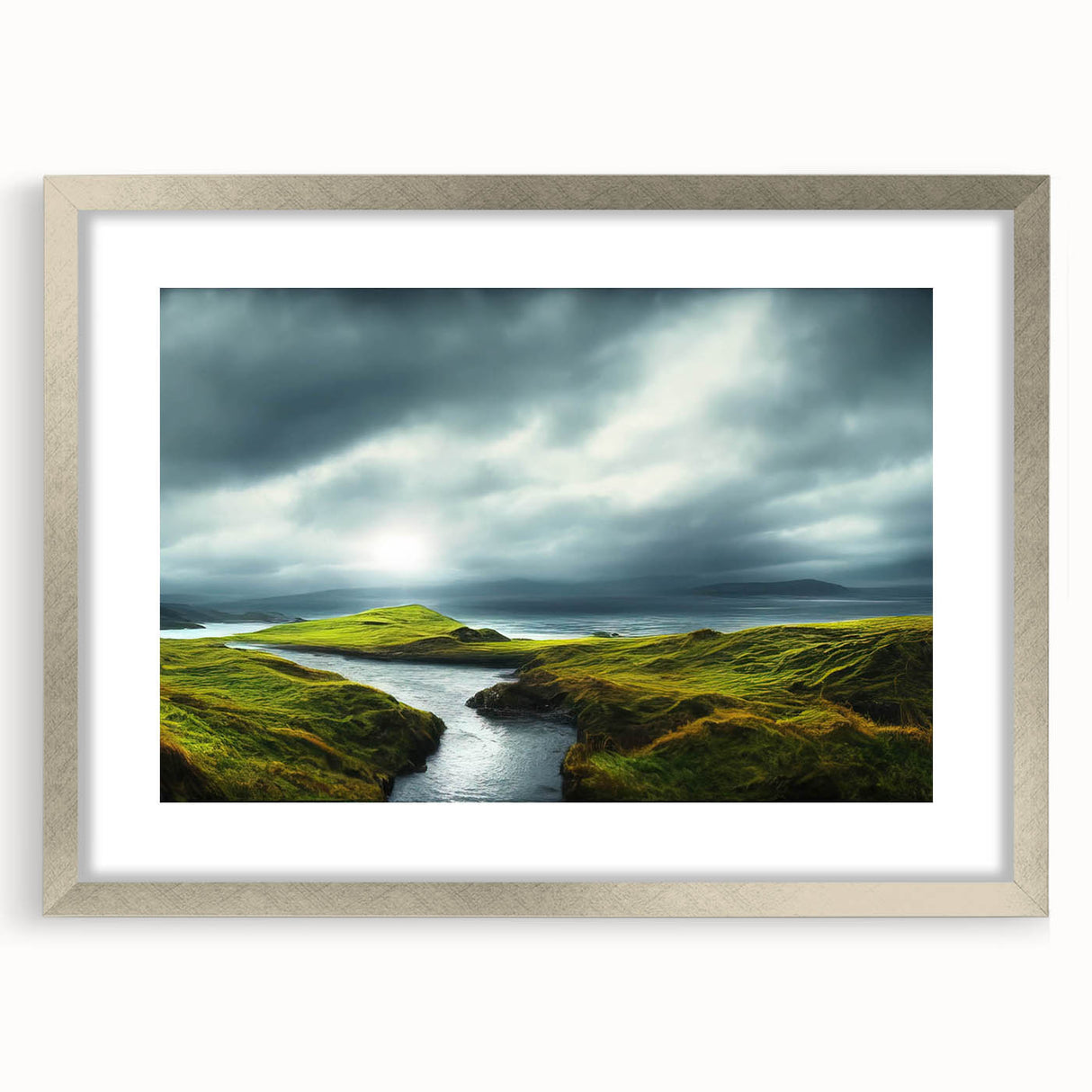 Framed wall art collection showcasing serene countryside landscapes with a silver mat and frame, perfect for enhancing home decor and bringing nature indoors.
