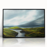 Framed acrylic wall art showcasing a serene countryside landscape design, featuring vibrant green fields and a blue sky, perfect for home decor.