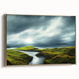 Framed canvas wall art showcasing a serene countryside landscape with vibrant green fields and a golden sunset, perfect for home decor or office ambiance.