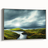 Framed canvas wall art collection showcasing a serene countryside landscape with vibrant green fields and a tranquil blue sky, elegantly bordered in silver.