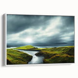 Framed canvas wall art showcasing a serene countryside landscape with vibrant greens and blues, perfect for enhancing home decor with a touch of nature.