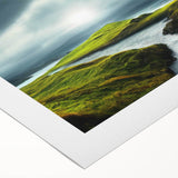 Vibrant rolled canvas artwork showcasing a serene countryside landscape with rolling hills, lush greenery, and a clear blue sky, ideal for home decor.