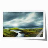 Vibrant countryside landscape wall art print showcasing rolling green hills, a clear blue sky, and a serene sunset, perfect for home décor enhancement.