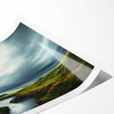 Serene countryside landscape wall art print showcasing vibrant green fields, rolling hills, and a tranquil blue sky, ideal for enhancing home decor.