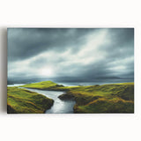 Stretched canvas wall art showcasing a vibrant countryside landscape with rolling hills and a vivid sky, ideal for adding warmth and color to home decor.
