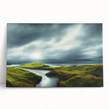 Stretched canvas wall art showcasing a serene countryside landscape with vibrant greens and soft blues, perfect for enhancing home decor aesthetics.