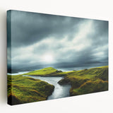 Stretched canvas artwork of a serene countryside landscape, showcasing rolling hills and a vibrant sunset, perfect for home decor and nature enthusiasts.
