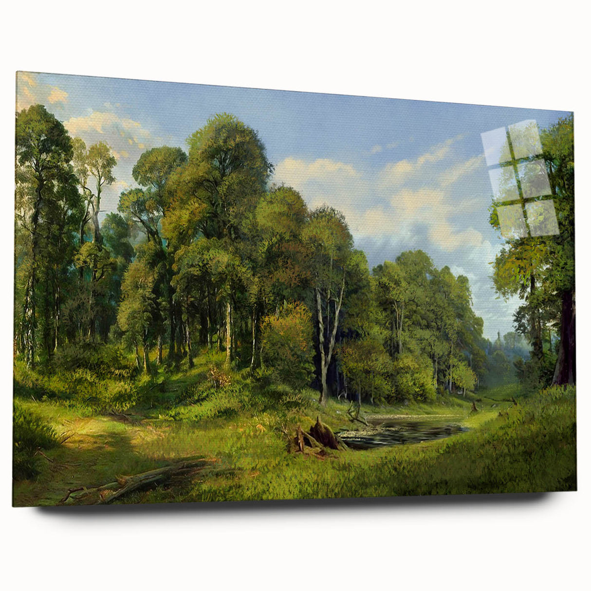 Acrylic glass wall art collection showcasing a serene countryside landscape design, highlighting vibrant greens and soft blues, elegantly displayed without pins for a modern aesthetic. Ideal for enhancing home decor with a nature-inspired theme.