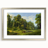 Framed wall art featuring a serene countryside landscape design, showcasing vibrant greens and soft blues, elegantly displayed in a silver frame with a mat.