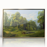 Framed acrylic wall art of a picturesque countryside landscape, featuring vibrant greens and blues, highlighted with elegant gold accents, ideal for home decor.