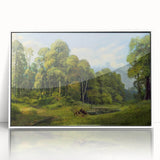 Framed acrylic wall art showcasing a serene countryside landscape design, featuring lush greenery and a vibrant sky, set in a sleek white frame for a modern touch.