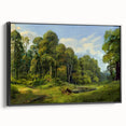 Framed canvas wall art collection showcasing a serene countryside landscape, featuring vibrant greens and blues, elegantly displayed with a sleek black frame.