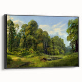 Framed canvas wall art collection showcasing a serene countryside landscape, featuring vibrant greens and blues, elegantly displayed with a sleek black frame.