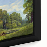 Close-up of a framed canvas showcasing a serene countryside landscape, featuring lush green fields, rolling hills, and a bright blue sky, ideal for home decor.